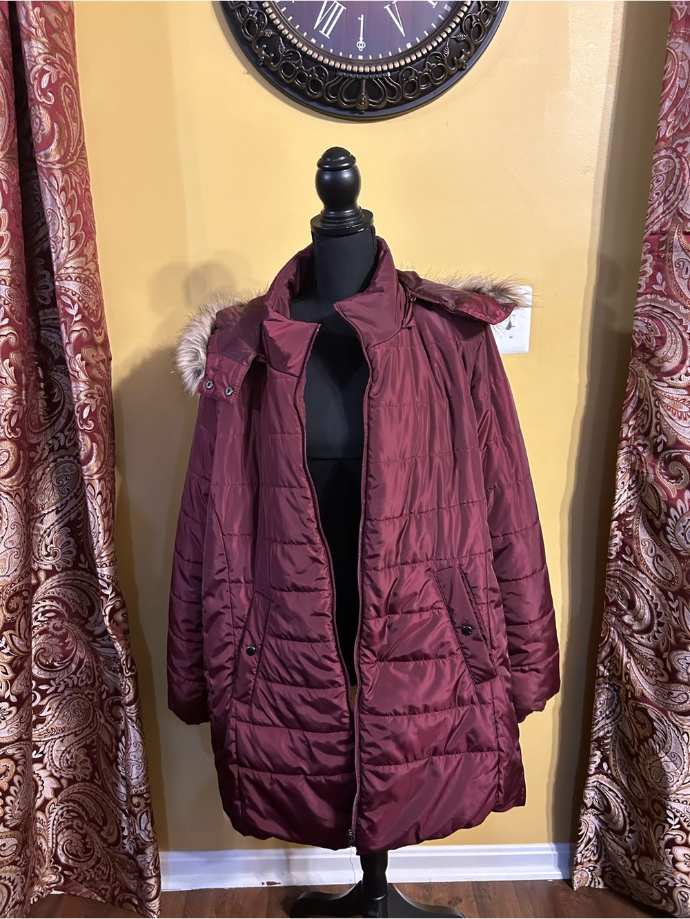 St. John’s Bay Quilted Wine-Red Puffer Coat with Faux-Fur Hood